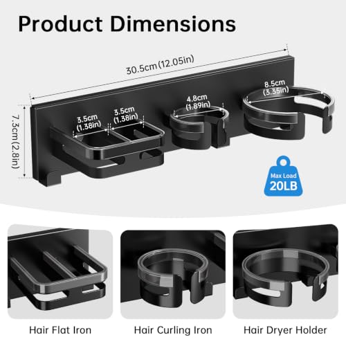 Hair Dryer Holder Wall Mount Metal Hot Tools Organizer Self Adhesive/Screw | 3 in 1 Hair Tool Organizer with Cord Organizer, Blow Dryer Holder with Curling Iron & Flat Iron Holder Matte Black
