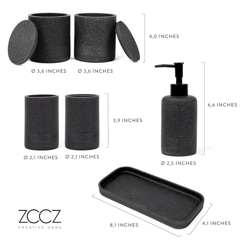 Black Stone Bathroom Accessories Set 6 Pieces - Toothbrush Holder, Lotion Dispenser, Qtip Container, Vanity Tray, Tumbler - Countertop Organizer for Bathrooms - Elegant and Functional Décor Set