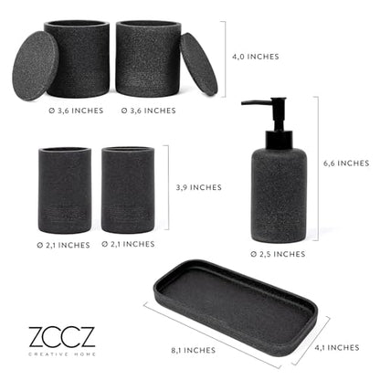 Black Stone Bathroom Accessories Set 6 Pieces - Toothbrush Holder, Lotion Dispenser, Qtip Container, Vanity Tray, Tumbler - Countertop Organizer for Bathrooms - Elegant and Functional Décor Set