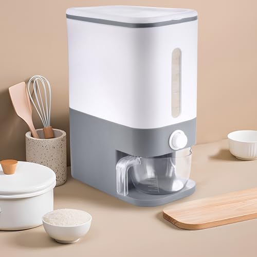 22.5-25 Lbs Gray Rice Dispenser, Rice Container with Lid, Rice Storage Container with Measuring Cup, Food Dispenser Rice Container, Storage Container for Cereal, Household Rice Bucket