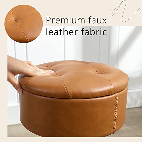 LUE BONA 360°Swivel Vanity Stool Chair for Makeup Room, Height Adjustable Stool for Vanity with Storage, Small Whiskey Brown Faux Leather for Bathroom, Living Room