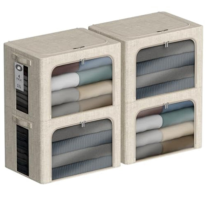 4 Pack Clothes Storage Bins with Metal Frame - 22L Stackable Storage Box with Lid，Foldable Storage Container Organizer for Clothes，Linen Fabric Storage Box with Clear Window＆Zippers＆Handles