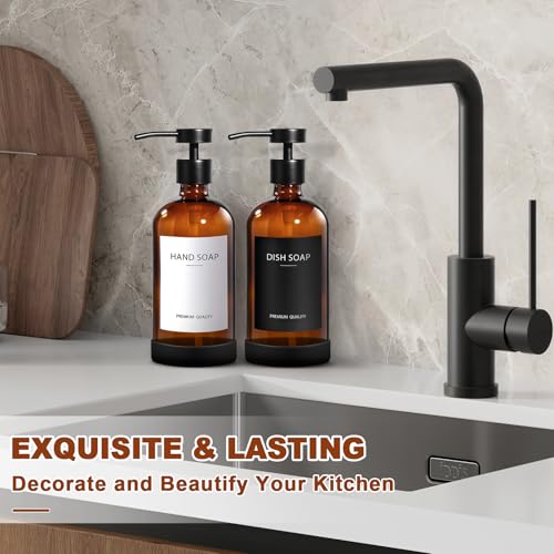 Hand Soap Dispenser for Bathroom 2 Pack, Amber Glass Soap Dispenser with Stainless Steel Pump, 16.9 Fl oz Hand and Dish Soap Dispensers Set Kitchen, Modern Brown Soap Lotion Dispensers Bottle