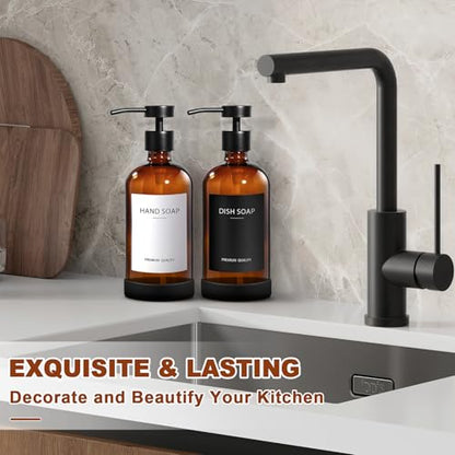 Hand Soap Dispenser for Bathroom 2 Pack, Amber Glass Soap Dispenser with Stainless Steel Pump, 16.9 Fl oz Hand and Dish Soap Dispensers Set Kitchen, Modern Brown Soap Lotion Dispensers Bottle