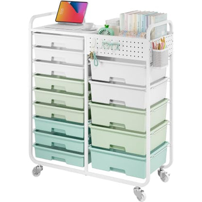 14 Drawer Rolling Storage Cart with Tabletop and Pegboard for Crafts Green | Easy Setup, Large Capacity, Sturdy Build, Smooth Mobility, For classroom, office and dorm supplies