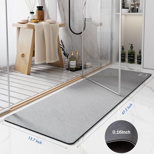 Grey Long Bathroom Rugs Large Stone Bath Mats for Bathroom,15.7"x47" | Non Slip Rubber Backed Quick Dry Super Absorbent Diatomaceous Earth Bath Mat Extra Long Thin Diatomite Bathroom Mat Runner