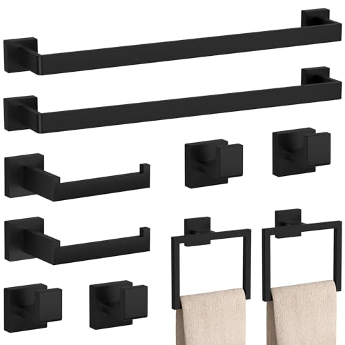 10-Pieces Matte Black Bathroom Accessories Set 23.6 Inch Towel Bar Set. | SUS 304 Stainless Steel Bathroom Hardware Set Towel Racks for Bathroom, Robe Towel Hooks, Toilet Paper Holder Wall Mounted.