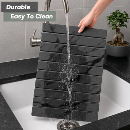 Large Stone Dish Drying Mat for Kitchen Counter, Quick Dry Stone Dishes/Bath Mats,Foldable Water Absorbing Diatomaceous Earth Drying Organizer Pad for Plate Rack Bottles Utensils(Dark Gray 24"×16")