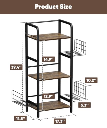 3-Tier Purse Organizer Rack, Iron & Wood Floor-Standing Bag Storage Holder with Adjustable Side Basket and Hook Handbag Organizers Display Stand Shelf for Closet, Bedroom, Entryway, Black