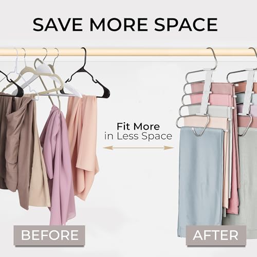Pants Hangers Space Saving - 2 Pack - Non-Slip Multi-Layer Space Saving Hangers - Multifunctional Clothing Rack for Closet Storage - Ideal for Jeans, Trousers, Skirts, Scarves & Slacks (White)