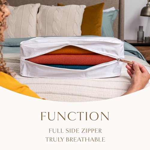 Luxury Organic Cotton Sweater Storage Bag For Cashmere 18 Inch | Fits 6 Fine Knits, Breathable, Moth Proof, Garment Storage Bag For Cashmere, Zippered, Certified Carbon Neutral, White