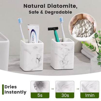 Luxspire Toothbrush Holders, Diatomite, 2 Pack, Marble | Fast Drying, Diatomaceous Earth, Electric Toothbrush Holder, Toothbrush and Toothpaste Holder, Bathroom Organizer Essentials