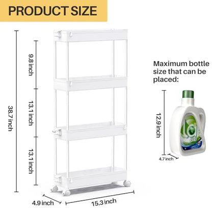 SPACEKEEPER Slim Rolling Storage Cart, 4 Tier Bathroom Cart Organizer,White | Narrow Rolling Cart with Wheels for Kitchen Office Bathroom Laundry Room,Mobile Utility Cart for Craft Art Makeup Nail Polish