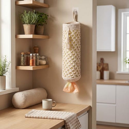 Plastic Bag Holder, Macrame Grocery Bag Storage Reusable Hanging Shopping Trash Bags Dispenser Boho Decor for Kitchen Closet Pantry Laundry Room, with 1 Traceless Hook