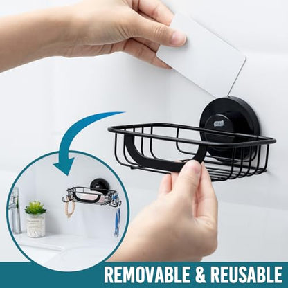 TAILI Soap Holder, Soap Dish Suction Cup with Hooks, Stainless Steel, Black | Soap Dish for Shower, Bathroom Bar soap holder Shower Wall, Stainless Steel Sponge Holder for Tub Kitchen