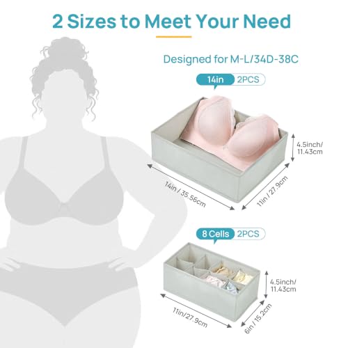 Vtopmart 4 Pack Large Bra Drawer Organizer, 14 Inch Foldable Fabric Underwear Storage Tray for Dresser Drawers, Keeps Shape for M-L/34D-38C Bras, Closet Organizer