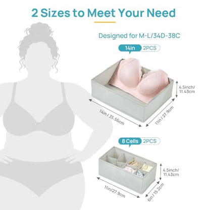 Vtopmart 4 Pack Large Bra Drawer Organizer, 14 Inch Foldable Fabric Underwear Storage Tray for Dresser Drawers, Keeps Shape for M-L/34D-38C Bras, Closet Organizer