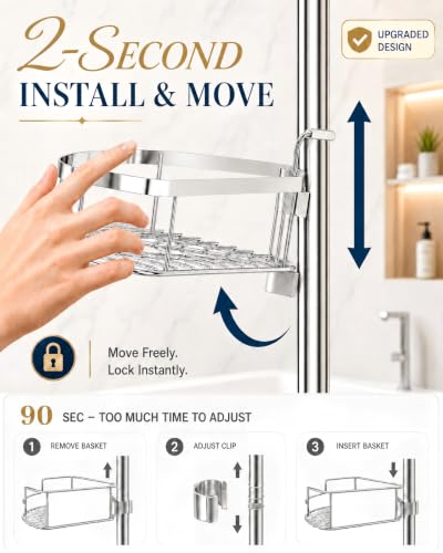 Rustproof Shower Corner Caddy Organizer for Bathroom, 4 Adjustable Shelves with Tension Pole, for Bathtub Shampoo Accessories Storage Holder, 34 to 116 Inch Height, Silver