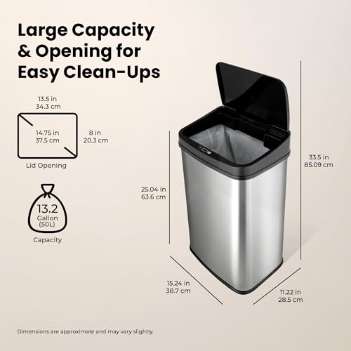 Ninestars 13 Gallon Automatic Trash Can, 50L Touchless Motion Sensor Garbage Can with Odor-Sealing Lid, Rectangular Stainless Steel, Black Trim