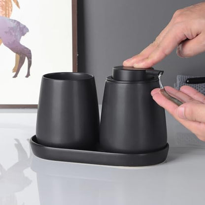 Matte Black Round Soap Dispenser Tray - 8'' Ceramic Vanity Tray for Bathroom Decorative, Jewelry Ring Dish, Comestic Holder, Kitchen Sink Countertop Organizer Plate