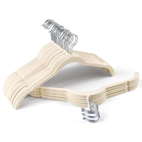 Sishynio Velvet Hangers 30 Pack, Non-Slip Slim Felt Clothes Hangers Beige | Space-Saving Closet Organization; Flocked Surface; 360° Swivel Hooks; For Shirts, Coats, Dresses, Blouses