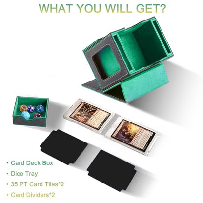 CMFYlive Card Deck Box for Commander Deck Box MTG Deck Box Fits 100 Double Sleeved Cards, Magic Commander TCG Card Storage Box with 2 Dividers,Drawstring Bag and 1 Toploader (Black/Green)