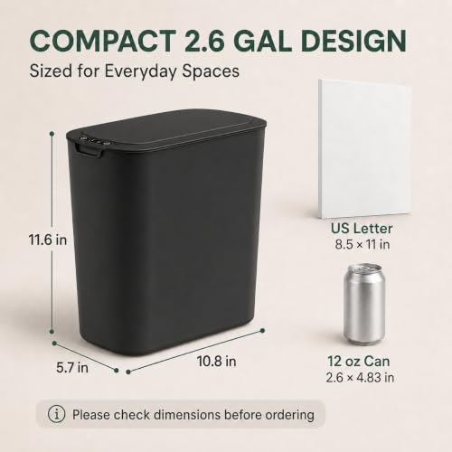 TIPGO Automatic Motion Sensor Bathroom Trash Can with Lid, 2.6 Gallon Touchless Trash Bin, Smart Garbage Can Plastic Slim Wastebasket for Bedroom, Office, Dorm (Black)
