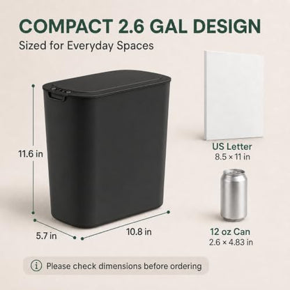 TIPGO Automatic Motion Sensor Bathroom Trash Can with Lid, 2.6 Gallon Touchless Trash Bin, Smart Garbage Can Plastic Slim Wastebasket for Bedroom, Office, Dorm (Black)