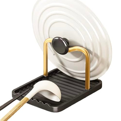 Anti-Rust Metal Spoon Rest with Lid Holder While Cooking, Black Gold | Durable Heat-Resistant Spoon and Lid Rest with Non-Slip Pads, Kitchen Pot Lid Holder for Countertop & Stovetop