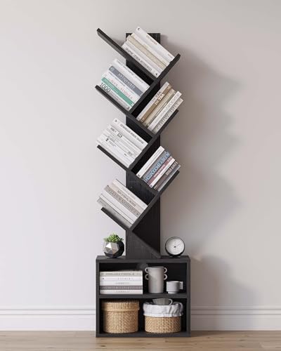 6 Tier Tree Bookshelf, Tall Small Bookcase with St... (Black | Engineered Wood)