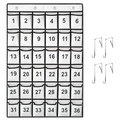 SAVERHO 36 Pockets Numbered Classroom Pocket Chart for Cell Phones, Hanging Pocket Chart Storage for Classroom Phone Calculator Holder with 4 Stainless Steel Hooks (White-36pockets)