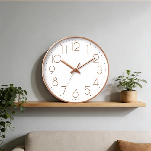 DAXSMY Wall Clock 12 Inch Rose Gold Decorative, Battery Operated Silent | Round; bold 3D numbers easy read; silent non-ticking; battery Operated, 1 AA not included; for bathroom, Living room