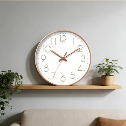 DAXSMY Wall Clock 12 Inch Rose Gold Decorative, Battery Operated Silent | Round; bold 3D numbers easy read; silent non-ticking; battery Operated, 1 AA not included; for bathroom, Living room