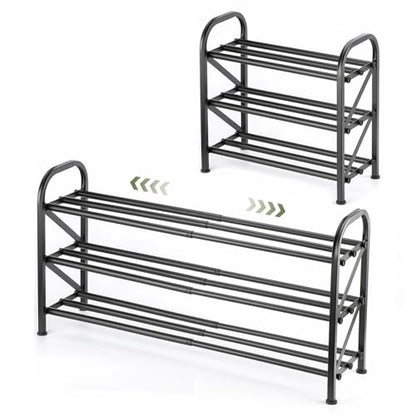 3-Tier Shoe Rack for Closet, 16"-32" Expandable Shoe Rack Adjustable for Entryway Closet Doorway Sturdy Metal, Black