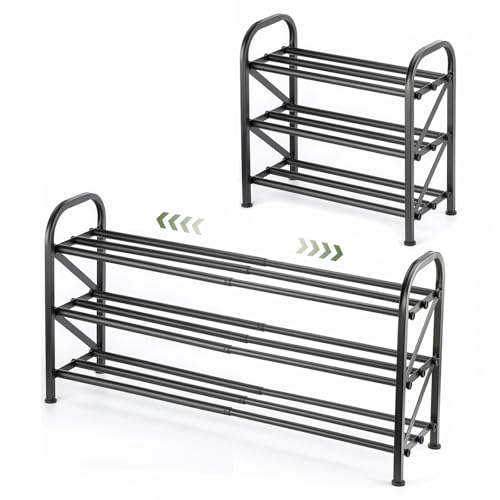 3-Tier Shoe Rack for Closet, 16"-32" Expandable Shoe Rack Adjustable for Entryway Closet Doorway Sturdy Metal, Black