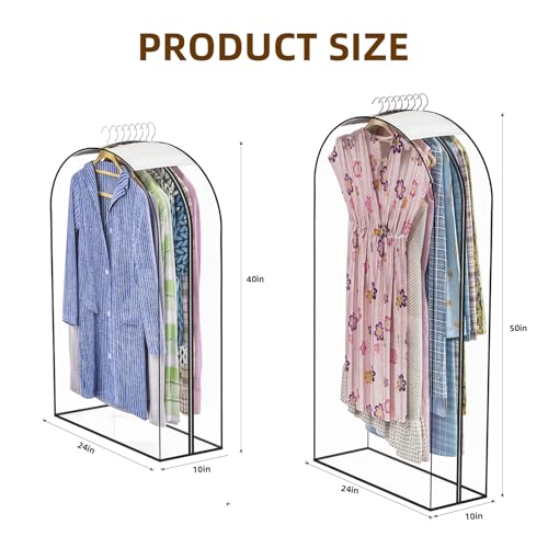 Clear Garment Bags for Hanging Clothes, 4-Pack, 2x40"+2x50" | Upgraded thickened clear garment bags with 10" gusset for closet storage of shirts, coats, dresses