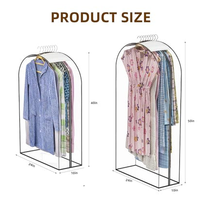 Clear Garment Bags for Hanging Clothes, 4-Pack, 2x40"+2x50" | Upgraded thickened clear garment bags with 10" gusset for closet storage of shirts, coats, dresses
