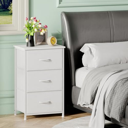 Somdot Small Dresser for Bedroom, 3 Drawer Storage Cabinet, White | Tall Nightstand Fabric Dresser with Removable Bins, Steel Frame and Mdf Wood Top , Closet, Nursery, Dorm or Entryway Storage