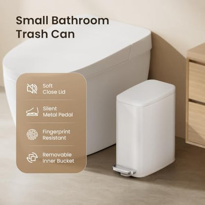 Cesun Slim Bathroom Trash Can with Lid, Soft Close, White, 6L/1.6 Gallon | Hidden Trash Bag Design, Small, Stainless Steel, Removable Inner Bucket, Foot Pedal, Odor Control, for RV/Office/Bedroom