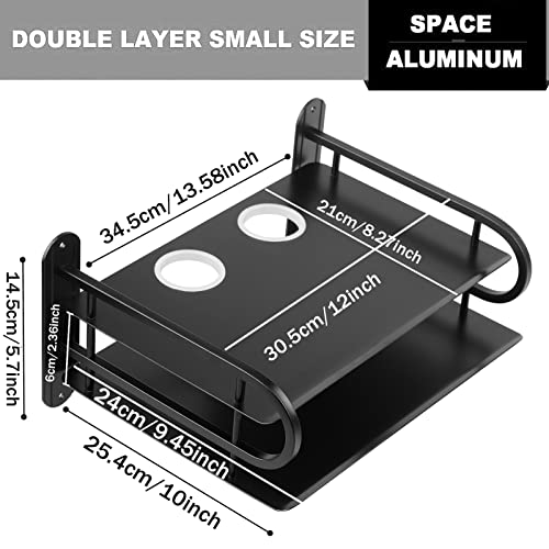 Black Metal Double Wireless WiFi Router Storage Box Wall Hanging Shelf with Cable Organizer, 2 Shelves, Large