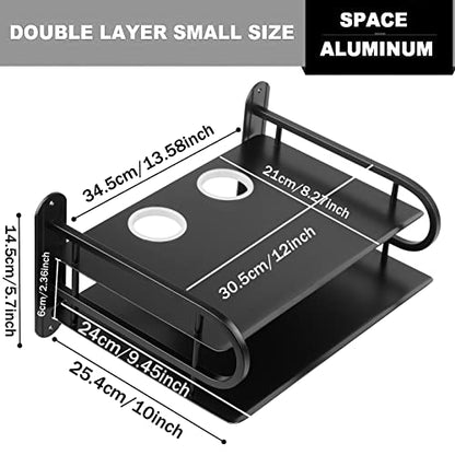 Black Metal Double Wireless WiFi Router Storage Box Wall Hanging Shelf with Cable Organizer, 2 Shelves, Large