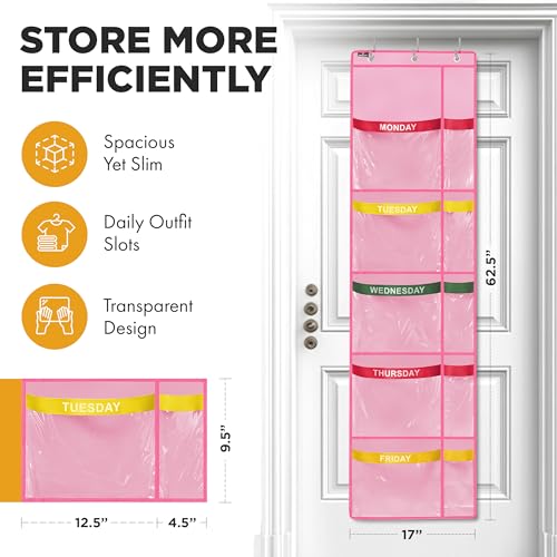 Handy Laundry Weekly Clothes Organizer for Kids, 10 Pocket 5-Shelf Closet | Days of the Week Hanging Closet Shelves, Monday Through Friday & Weekend, School Outfit Storage, Side Pockets, Over-Door