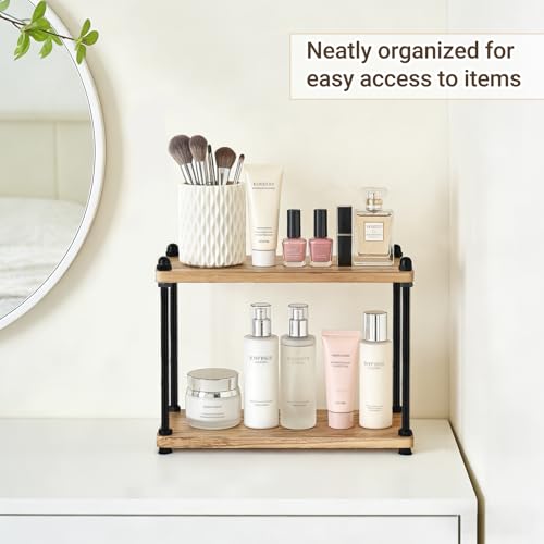 Mkono Bathroom Counter Organizer, 2 Tier Rustic Wood Countertop Sink Shelf | Light Brown, Skincare Makeup Spices Mugs Perfume Holder, Vanity Bedroom Kitchen Coffee Bar Office Storage Decor, Space-Saving
