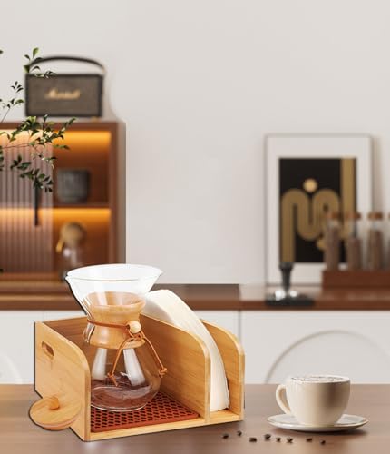 Bamboo Caddy with Lid & Heatproof Trivets Mat for Chemex CoffeeMakers | Bamboo Cup not Included - Designed for Chemex Pour - Over Glass Coffeemaker(3/5/6/8/10Cup), for Bodum Pour Over Coffee makers