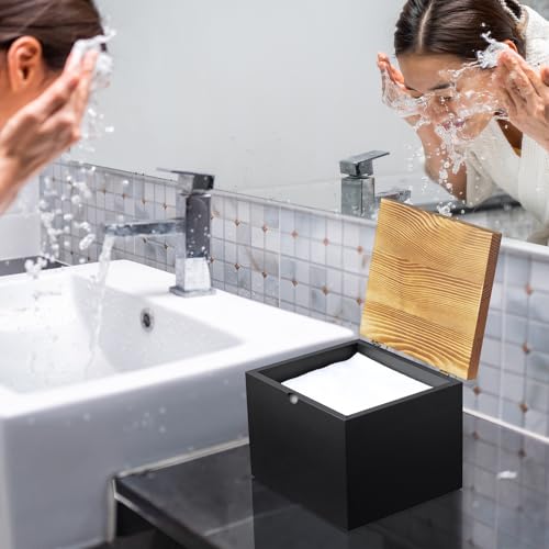 Disposable Face Towel Holder, Wooden Face Towel Container Compatible with Clean Towels XL, Face Towels Storage Box with Lid, Makeup Remover Organizer for Vanity, Bathroom, Black