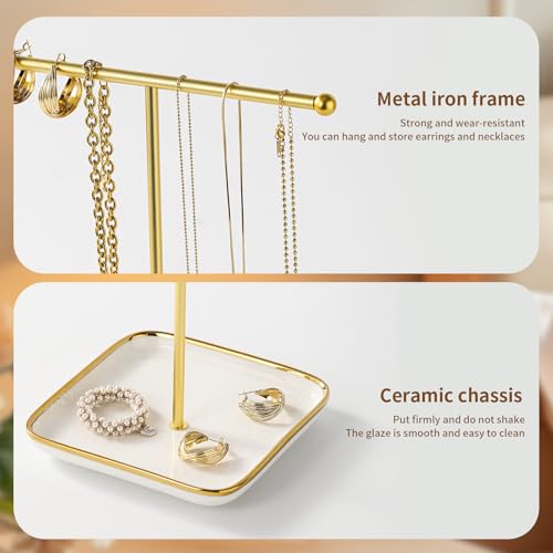 modern T-shaped jewelry rack, jewelry tower, gold metal, square ceramic base decoration display tower, necklace, bracelet, ring storage rack (1-layer ceramic disc)