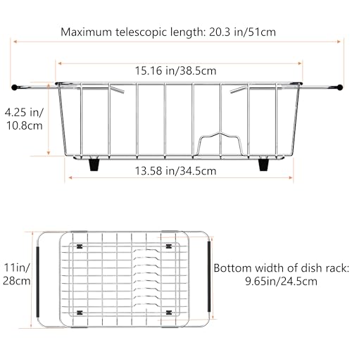 NiuYichee Stainless Steel Dish Drying Rack(15"L X 11"W X 4.1"H), Expandable Fruit & Vegetable Drain Rack over Sink, Dish Drainer Rack in Sink, with Stainless Steel Utensil Holder & Silicone Mat(16")