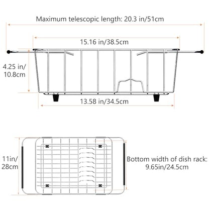 NiuYichee Stainless Steel Dish Drying Rack(15"L X 11"W X 4.1"H), Expandable Fruit & Vegetable Drain Rack over Sink, Dish Drainer Rack in Sink, with Stainless Steel Utensil Holder & Silicone Mat(16")