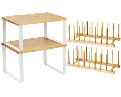 Marsui 4 Pcs Kitchen Organizer Accessories Set for Cabinet,Wooden Color | Cabinet Organizer Shelves, Bamboo Dish Drying Plate Rack, Wooden Counter Storage Holder, for Spice Dish Pot Lid Bowl Cup
