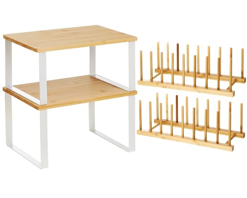 Marsui 4 Pcs Kitchen Organizer Accessories Set for Cabinet,Wooden Color | Cabinet Organizer Shelves, Bamboo Dish Drying Plate Rack, Wooden Counter Storage Holder, for Spice Dish Pot Lid Bowl Cup